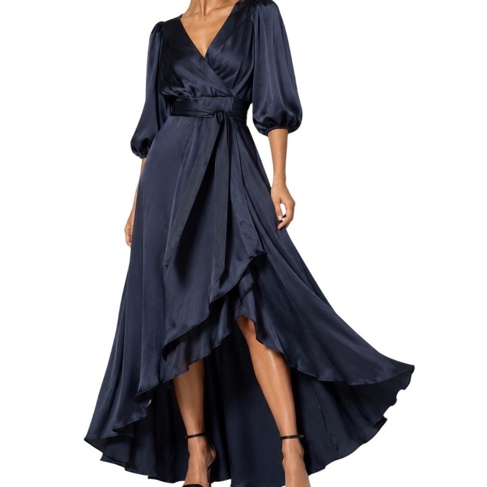 DKNY NWT Faux Wrap Maxi Dress Women Size 6 Navy Satin Tie-Waist Evening Back Zip